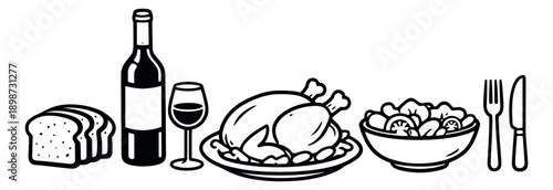 Line art dinner set featuring bread, wine, roasted chicken, salad, and cutlery for a festive occasion