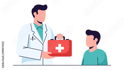 Healthcare Aid: A medical professional offers a first aid kit to a patient. This image encapsulates health, safety, and providing care. 