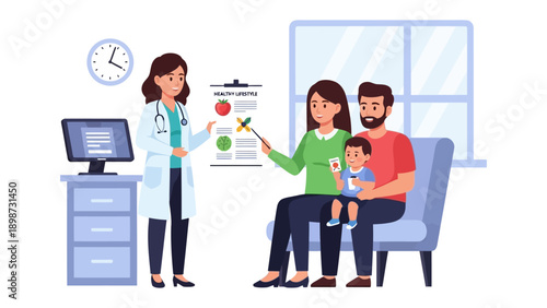 Healthy Lifestyle Counseling: A caring doctor advises a family on maintaining a balanced, healthy lifestyle, offering guidance on nutrition and well-being. 