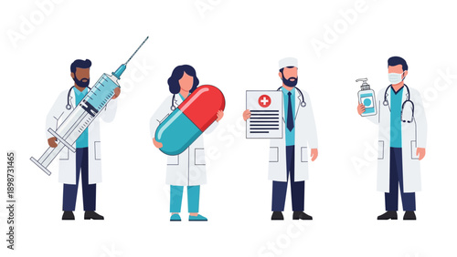 Healthcare Heroes: A group of dedicated medical professionals stand ready to serve, each holding essential tools of their trade, symbolizing care, treatment, and protection. 