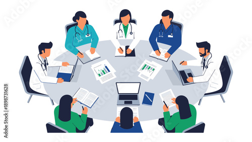 Medical Professionals in Conference: A team of dedicated medical professionals collaborates around a table, engaged in a crucial discussion and analysis of vital medical data.