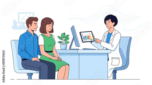 Healthcare Consultation: A medical professional consults with a couple, reviewing information on a tablet in a modern office, representing care and advice.
