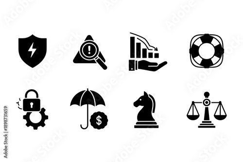 Set of 8 Black Business and Finance Vector Icons. Security, Risk, Strategy, and Justice Symbols.