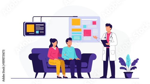 Medical Consultation: A healthcare professional consults with a couple, offering insights and support. Depicting empathy and care within a doctor's office.