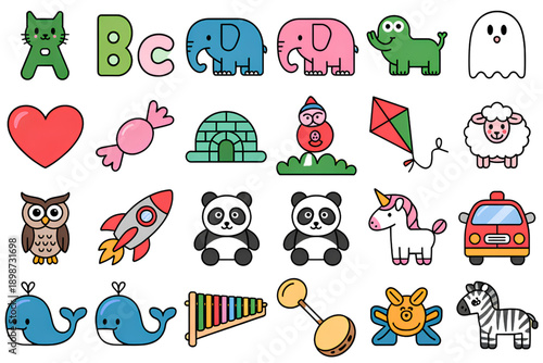 A colorful vector graphic illustration of various cute cartoon animals and objects for children