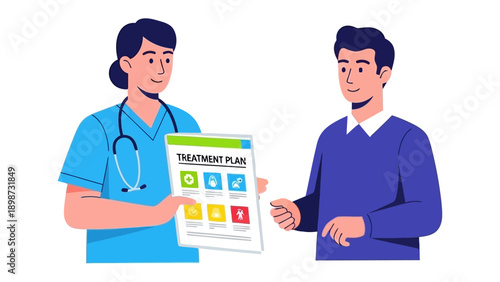 Treatment Plan: A caring medical professional reviews a treatment plan with a patient, emphasizing the significance of healthcare and well-being.