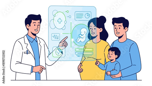 Medical Dialogue: A scene of doctor consulting a family about their health, symbolizing the journey of parenthood with elements of medical technology in the background.