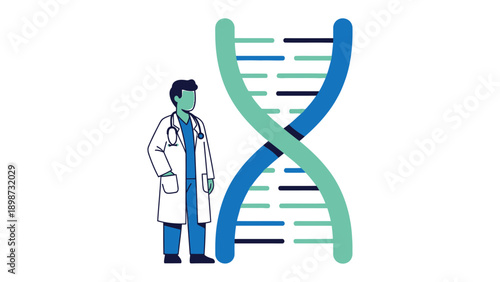 Genetic Advancement: A medical professional stands beside a vibrant double helix, representing the cutting-edge exploration of human genetic code.