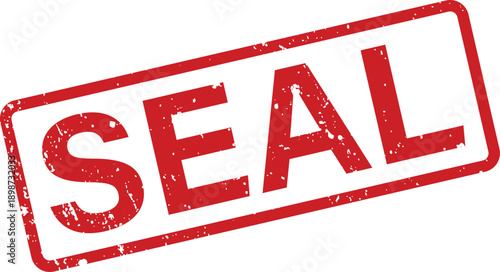 Distinctive red grunge SEAL stamp mark in a rectangular frame on a plain white surface