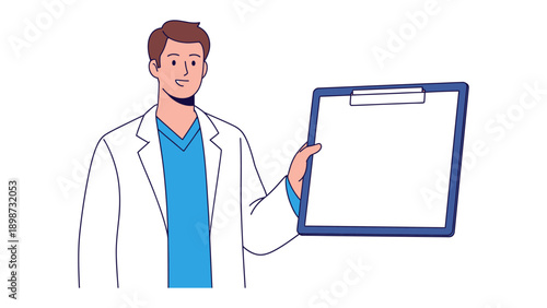 Medical Professional Presenting : A caring professional wearing a lab coat is presenting an empty clipboard, representing medical documentation. Suitable for a healthcare or business oriented message.
