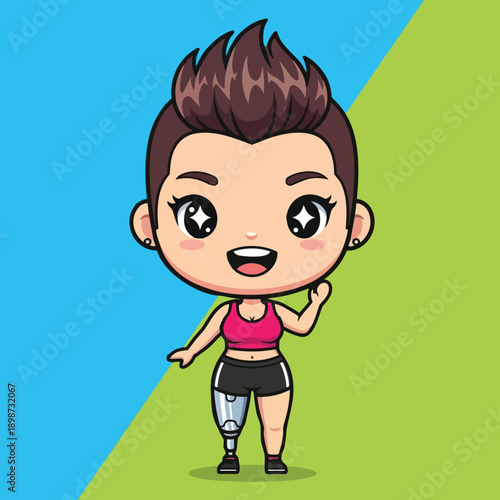 Cute chibi character with spiky hair wearing pink top and black shorts with prosthetic leg waving on blue and green background