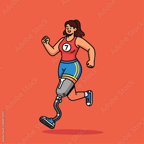 Colorful vector art of smiling female athlete running with prosthetic leg wearing blue shorts and red tank top number seven on orange background