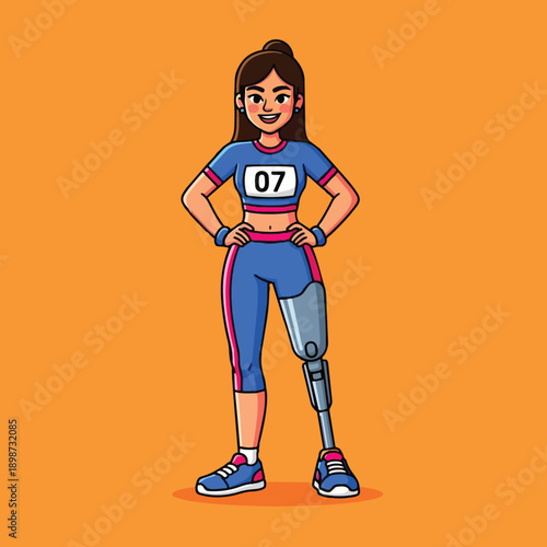 Colorful illustration of smiling female athlete with prosthetic leg in blue sportswear standing confidently on orange background