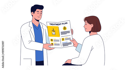 Medical Treatment Illustration: A dedicated physician reviews a personalized treatment plan with a patient, demonstrating empathy and expertise. The scene exudes trust, care.