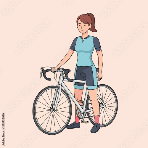 Flat design front view woman standing holding bicycle wearing blue cycling outfit pink socks and black shoes