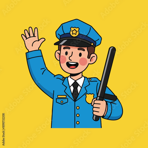 Cartoon style smiling police officer waving hand holding baton in blue uniform with badge on yellow background