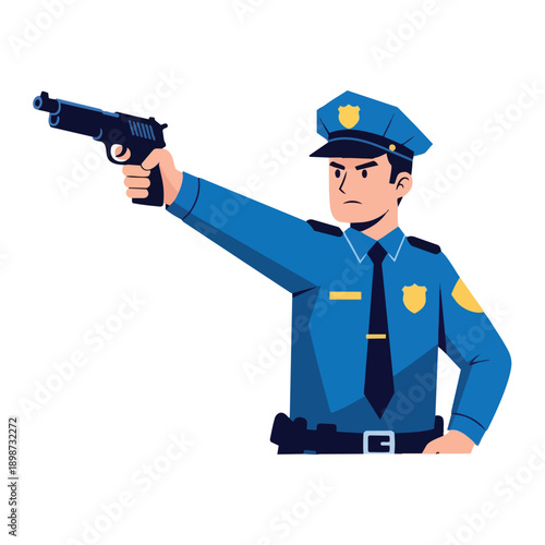 Flat design illustration of serious police officer aiming handgun with right arm extended in uniform and cap in vector style