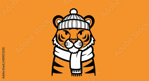 Cartoon tiger in winter hat and scarf