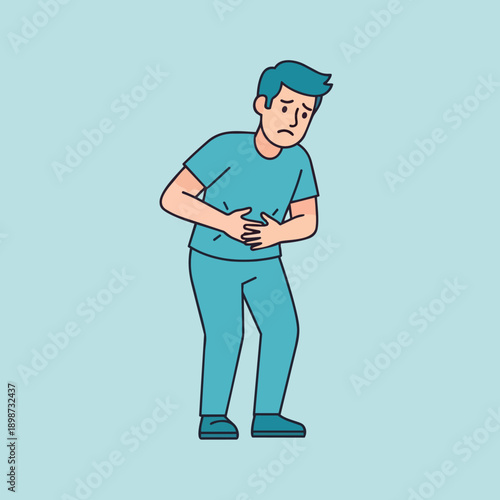 Flat design worried man clutching stomach in pain wearing blue casual clothes on light blue background