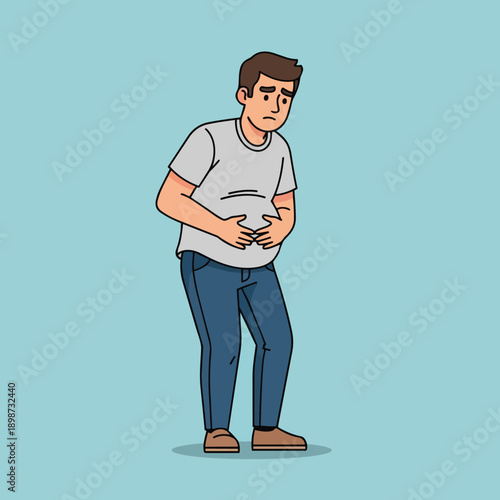 Flat design sad man clutching stomach wearing gray t shirt and blue jeans standing on blue background isolated