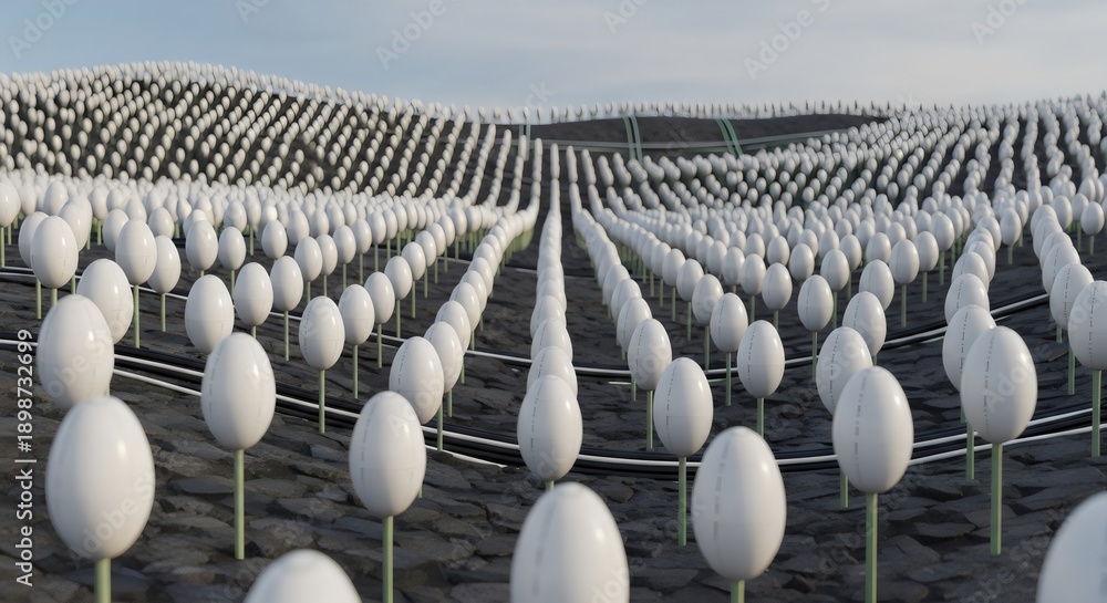 Obraz premium An abstract 3d landscape of agriculture patterns featuring rows of hay bales and eggs across a blue nature field for a food business farm