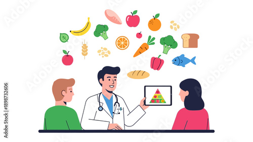 Healthy Diet Consultation: A medical professional consults with a couple, illustrating a balanced diet with a variety of fresh produce, to promote health. 