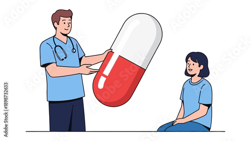 Healthcare Consultation: A doctor offers a giant capsule to a patient during a consultation, symbolizing healthcare, treatment, and medical advice.