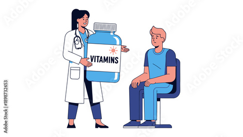 Doctor Advising Vitamin: A doctor holds up a bottle of vitamins, explaining the health benefits to a patient in a consultation, promoting wellness and preventative healthcare.