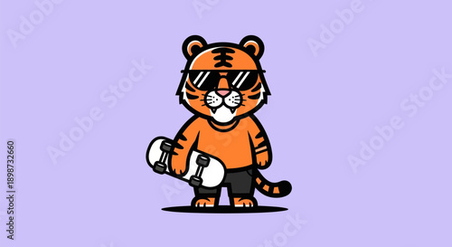 Cartoon tiger skateboarder on solid background