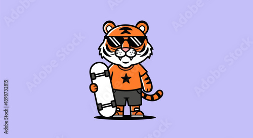 Cartoon tiger with skateboard on solid background