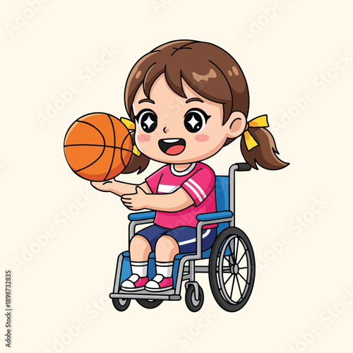 Cute smiling girl with brown pigtails sitting in wheelchair holding orange basketball wearing pink shirt and blue shorts in cheerful style