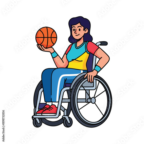 Colorful vector art of smiling woman in wheelchair holding orange basketball with blue wristbands and red shoes sitting sideways