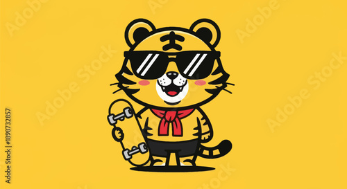 Cartoon tiger with skateboard on yellow background
