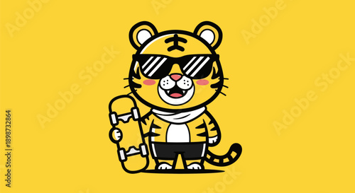 Cartoon tiger with skateboard on yellow