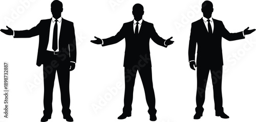 Black silhouettes of businessmen standing with open arms vector set, professional male speakers and presenters figures, corporate leadership isolated on white background