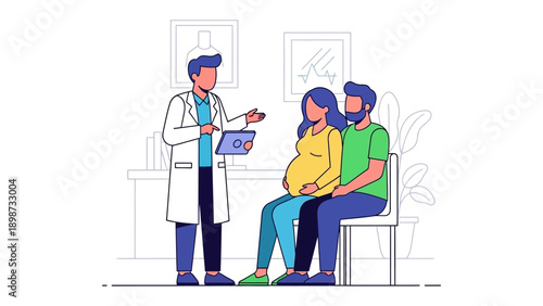 Antenatal Doctor’s Consultation: A doctor discusses pregnancy with a pregnant woman and her partner, fostering trust and care in a medical environment.