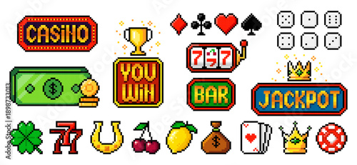 Pixel art casino icons. Pixelated vector illustration of money, clover, horseshoe, playing cards, lemon, cherry, krown, 777, dice, banners. Gambling icons in 8 bit retro video game style
