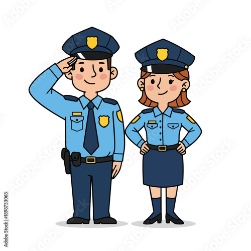 Flat design front view police officers male saluting female hands on hips blue uniform badges smiling on white background vector