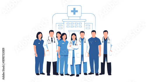 Healthcare Heroes United: A dedicated medical team stands together in front of the hospital, embodying expertise and teamwork to offer hope, care, and compassion.