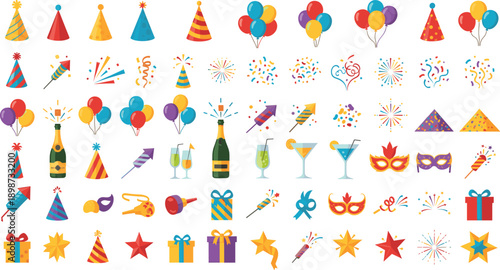 Mega Party and Celebration Icon Set with Balloons, Fireworks, Champagne, Gifts, Masks, Confetti, and Festive Elements for Holidays, Birthdays, Events, and Decorations