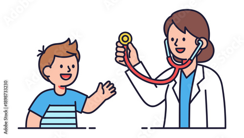 Checkup illustration: Friendly medical professional examines a cheerful child with a stethoscope in a welcoming environment, embodying care and well-being.