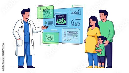 Family and Doctor's Consultation: A doctor presents ultrasound images to a family, symbolizing prenatal care, health, and anticipation of new life.