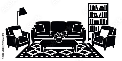 Silhouette living room set featuring a sofa, armchairs, and bookshelf for home interior