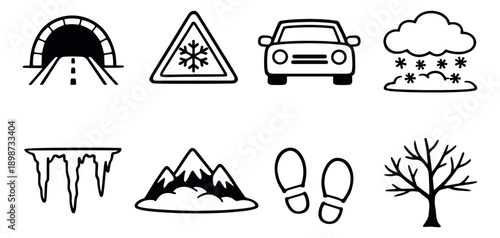 Hand drawn line art winter travel icons set featuring winter weather and road safety elements for cold weather conditions