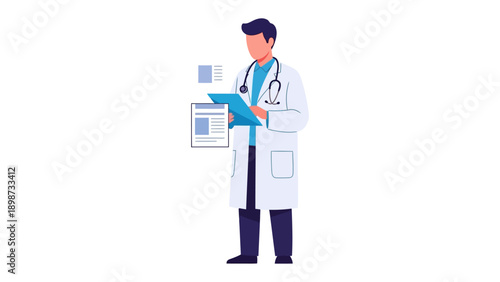 Doctor with Medical Record: A healthcare professional, adorned in a crisp white coat, meticulously examines medical records, showcasing dedication to patient care and the medical field.