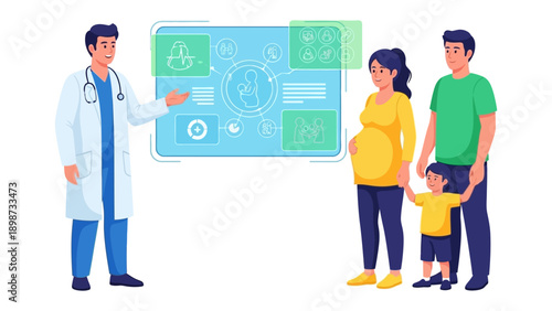 Doctor Explaining: A medical professional uses a holographic display, presenting data to a pregnant person, alongside her partner and child, about their health