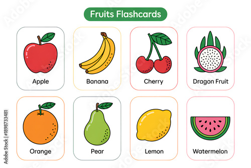 A colorful vector graphic illustration of fruit flashcards for kids, featuring various fruits.