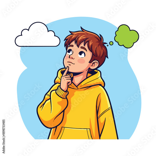 Colorful vector art of a thoughtful boy in a yellow hoodie looking up with fingers on chin brainstorming clouds