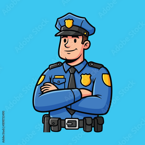 Colorful vector art of smiling police officer in blue uniform with folded arms against bright blue background