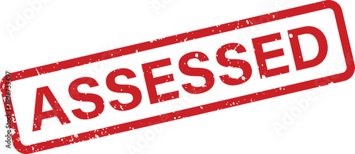 Grungy red assessed rubber stamp with a defined rectangular frame placed on a bright white surface